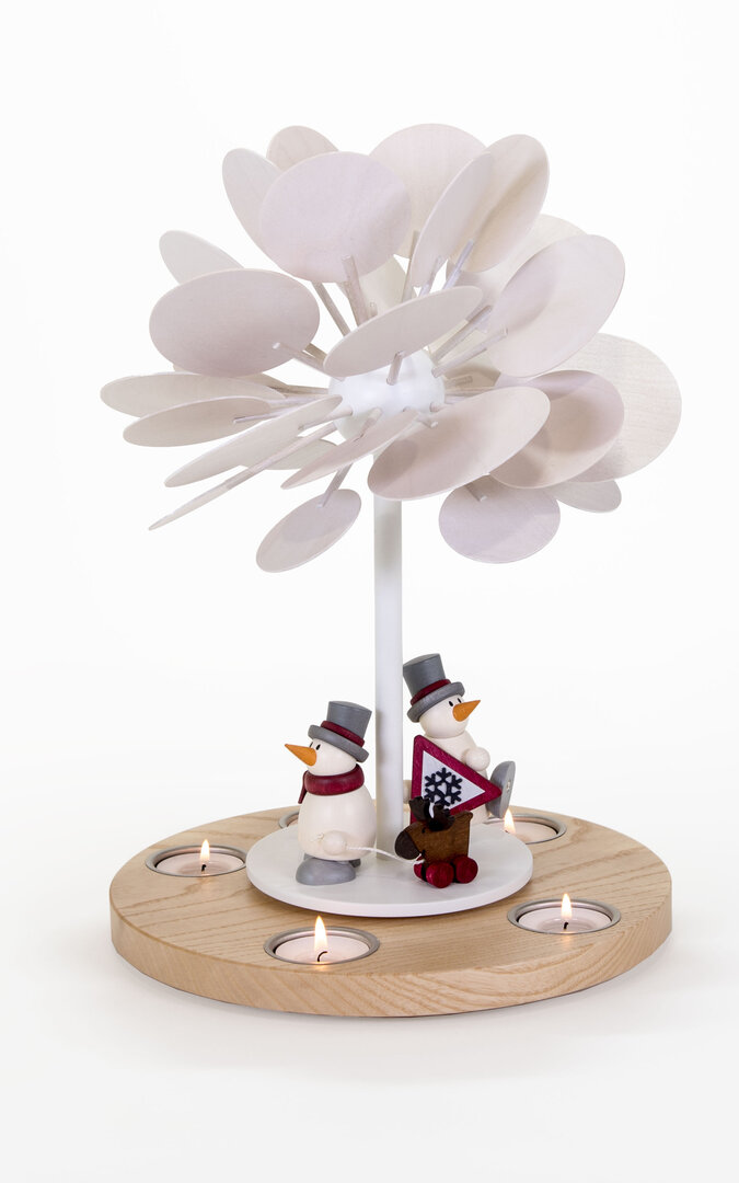 Teelichtpyramide für 6 Teelichter mit Bodenplatte aus Esche, natur, mit 2 Schneemännern Wärmespiel für 6 Teelichter mit Bodenplatte aus Esche, natur, mit 2 Schneemännern