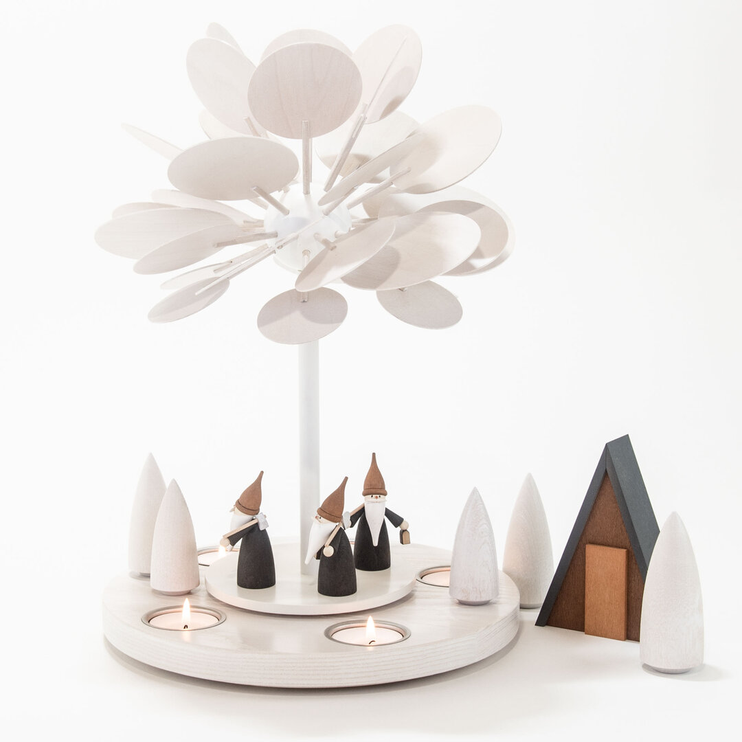 Kleiner Jahreszeitenbaum Winterzauber für 5 Teelichter mit Bergwichteln, Winterwald und Kaue Kleine Teelichtpyramide Winterzauber für 5 Teelichter mit Bergwichteln, Winterwald und Kaue