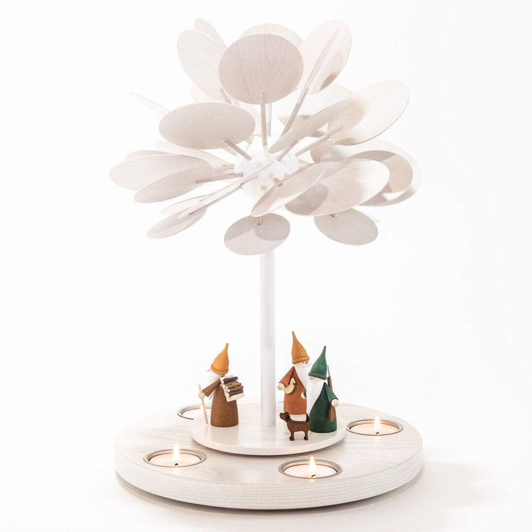 Kleiner Jahreszeitenbaum Winterzauber für 5 Teelichter mit Waldarbeiterwichtel, Spielzeugmacherwichtel und Jägerwichtel mit Hund Kleine Teelichtpyramide Winterzauber für 5 Teelichter mit Waldarbeiterwichtel, Spielzeugmacherwichtel und Jägerwichtel mit Hund